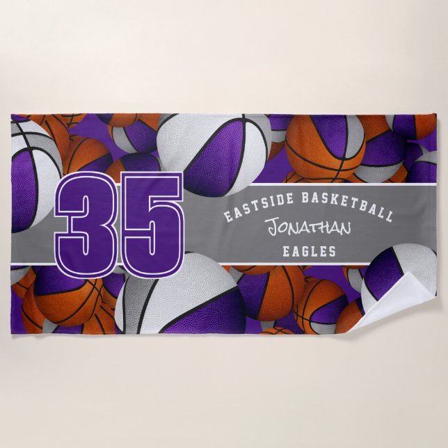Lots of basketballs purple gray team colors beach towel (Front)