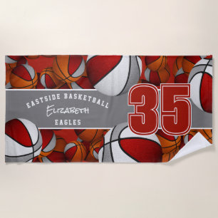 Lots of basketballs red gray kids team spirit beach towel