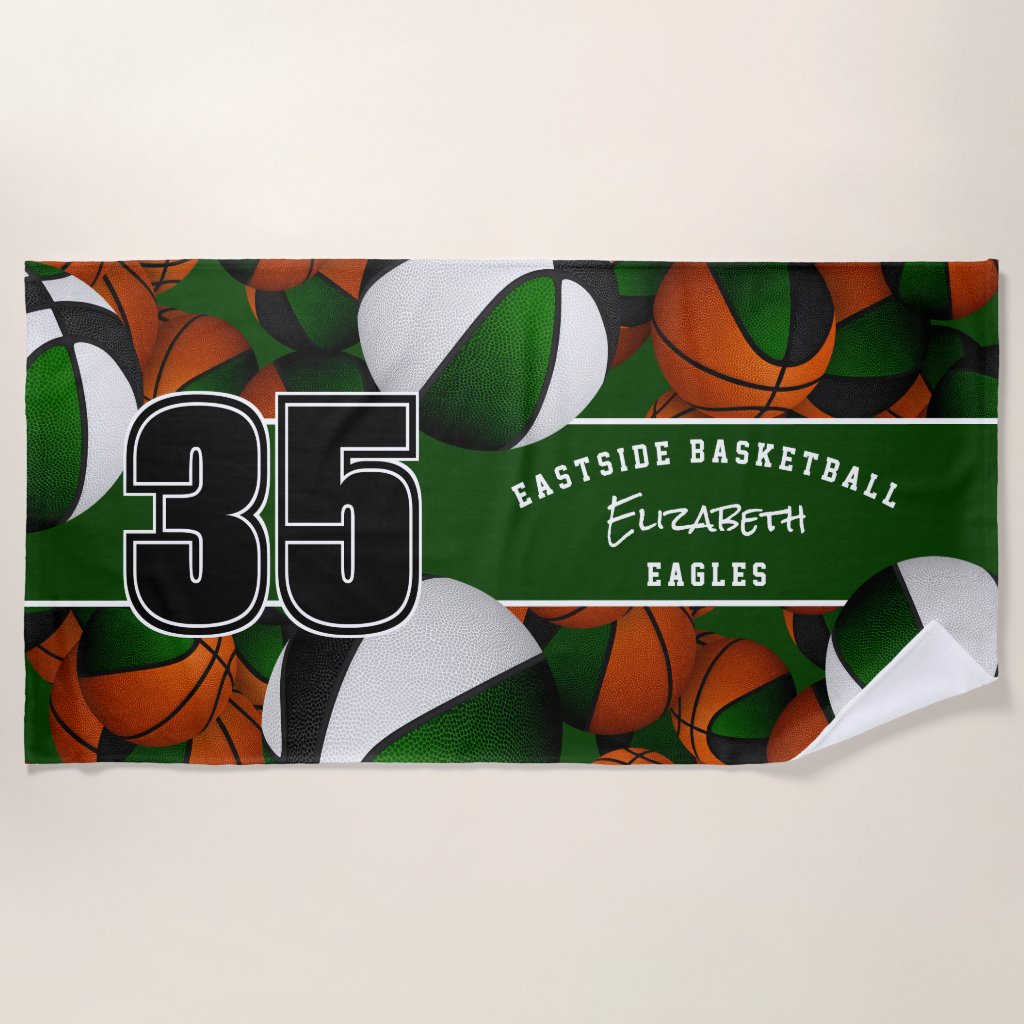 Lots of basketballs with jersey number green black beach towel