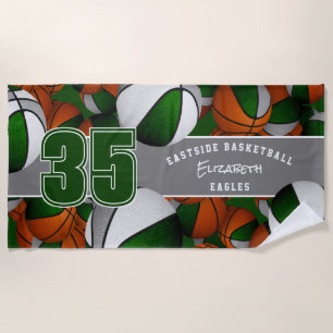 Lots of basketballs with player name green gray beach towel