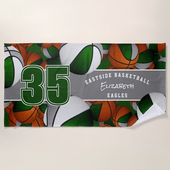 Lots of basketballs with player name green gray beach towel (Front)
