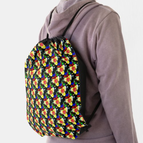 lots of black with red and yellow flowers  drawstring bag