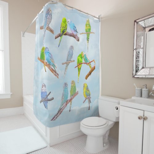 Lots of colorful parakeets _ cute little birds   shower curtain