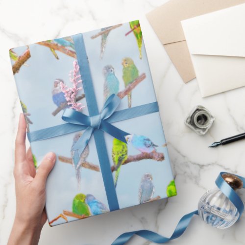 Lots of colorful parakeets _ cute little birds  wrapping paper