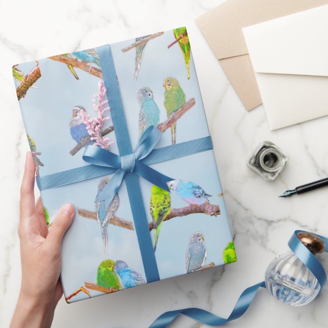 Lots of colorful parakeets - cute little birds  wrapping paper (Gifting)
