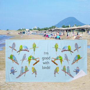 Lots of colorful parakeets - fun little birds beach towel