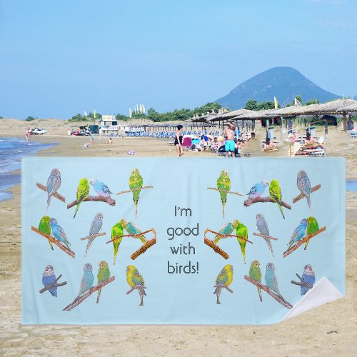 Lots of colorful parakeets _ fun little birds   beach towel