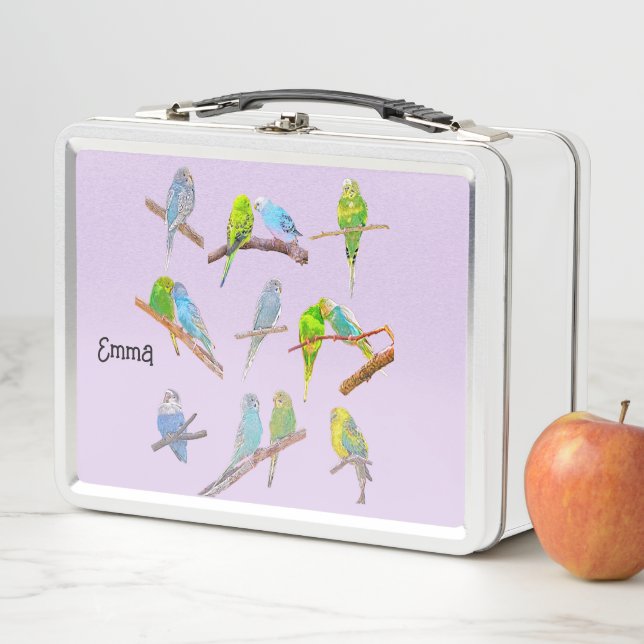 Lots of colorful parakeets  metal lunch box (In Situ)