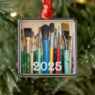 Lots of Colorful Used Paint Brushes Metal Ornament