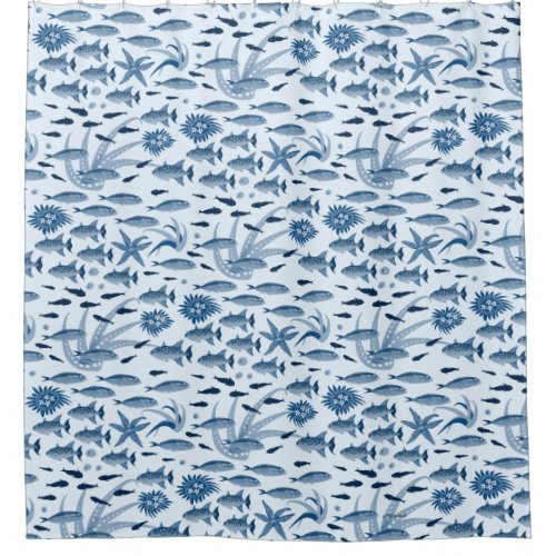 Lots of fish in blue shower curtain