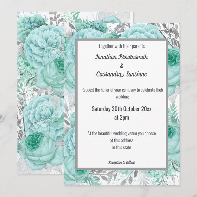 LOTS OF FLORAL PRETTY AQUA SILVER WHITE WEDDING INVITATION (Front/Back)