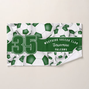 Lots of green white soccer balls custom team name hand towel