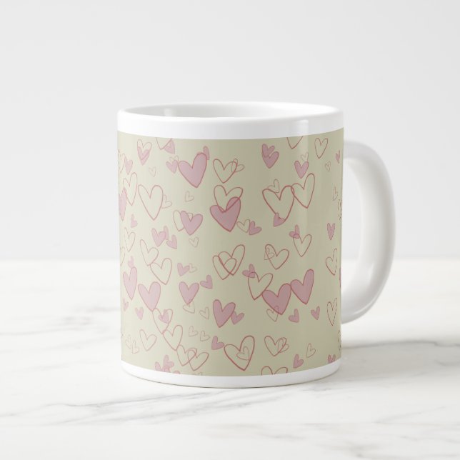Lots of Hearts Beige Large Mug. Large Coffee Mug (Front Right)
