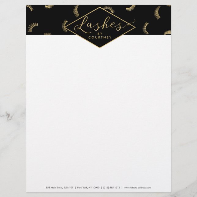 Lots of Lashes Pattern Lash Salon Black/Gold Letterhead (Front)