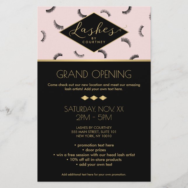 Lots of Lashes Pattern Lash Salon Pink/Black/Gold Flyer (Front)