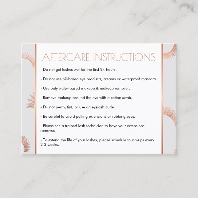 Lots of Lashes Salon Gray/Rose Gold Aftercare Card (Front)