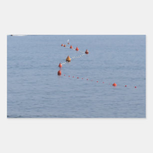 Lots of mooring buoys floating on water in marina rectangular sticker