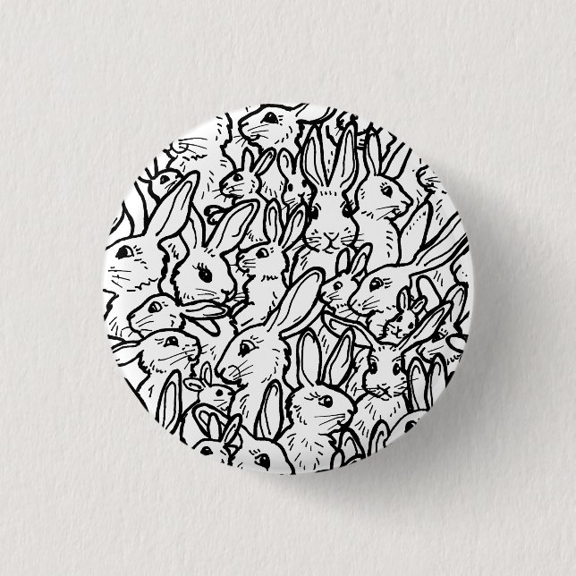 Lots of Rabbits Drawing Black & White Fun Bunny Button (Front)