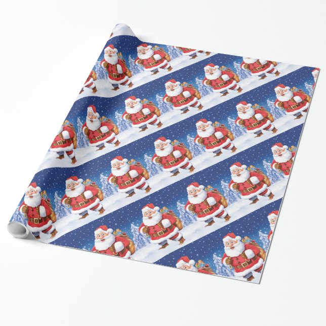 Lots of Santas angled Christmas wrapping paper (Unrolled)