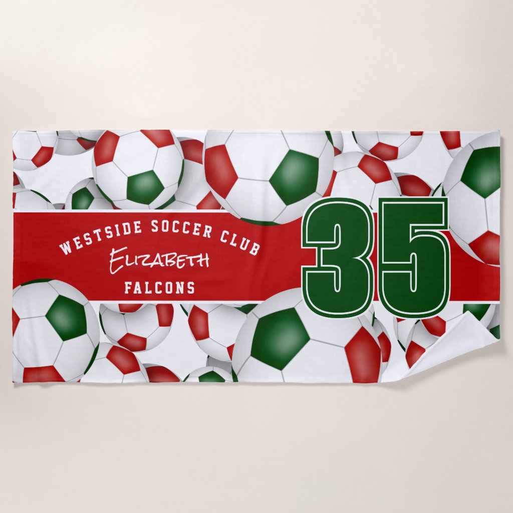 Lots of soccer balls athlete team name red green beach towel