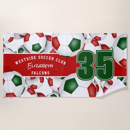 Lots of soccer balls athlete team name red green beach towel
