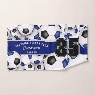Lots of soccer balls black blue team colors gifts hand towel