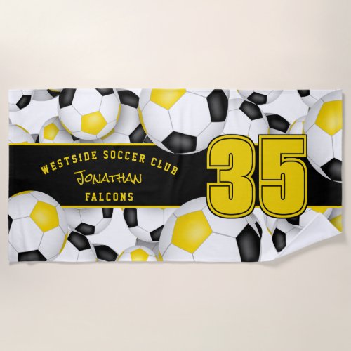 Lots of soccer balls black gold team spirit gifts beach towel