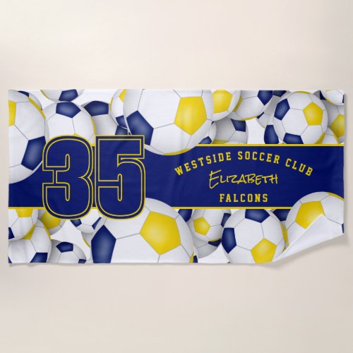 Lots of soccer balls blue gold end of season gifts beach towel