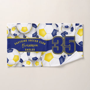 Lots of soccer balls blue gold team colors gifts hand towel
