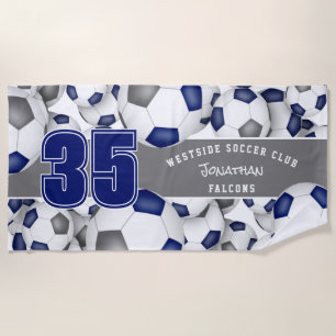 Lots of soccer balls blue gray sports team colors beach towel