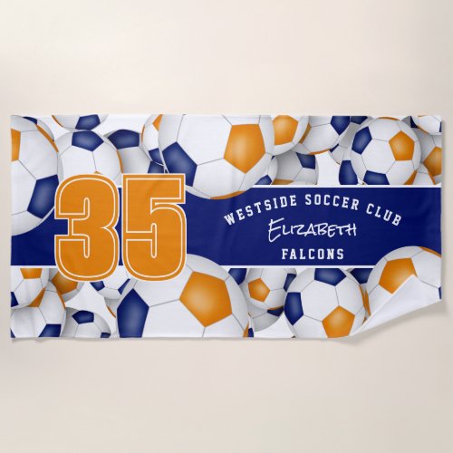 blue orange school sports team colors soccer balls pattern beach towel