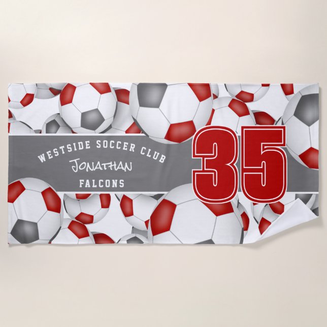Lots of soccer balls boys girls name red gray beach towel (Front)