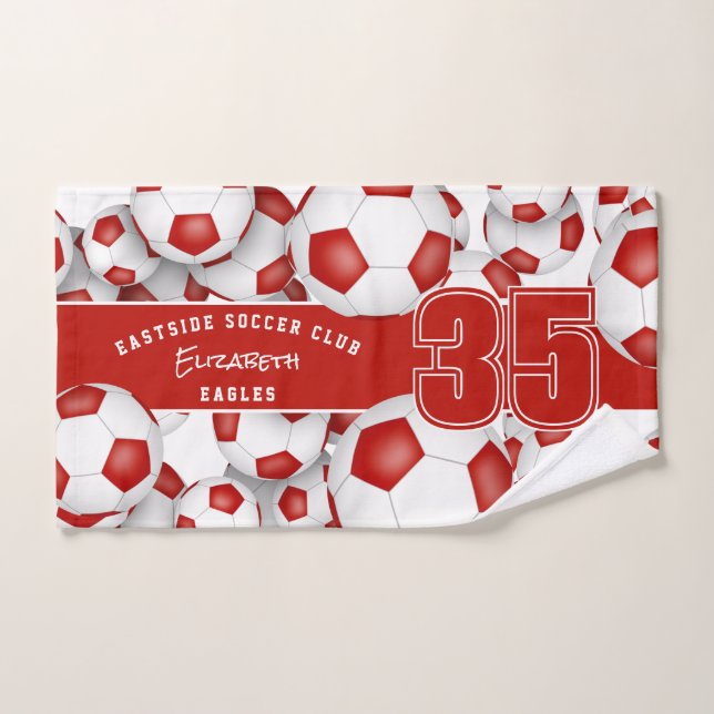 Lots of soccer balls custom athlete name red hand towel  (Hand Towel)