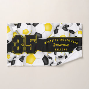 Lots of soccer balls custom team name black gold hand towel