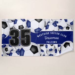 Lots of soccer balls custom team name blue black beach towel