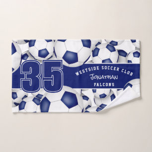 Lots of soccer balls custom team name blue hand towel