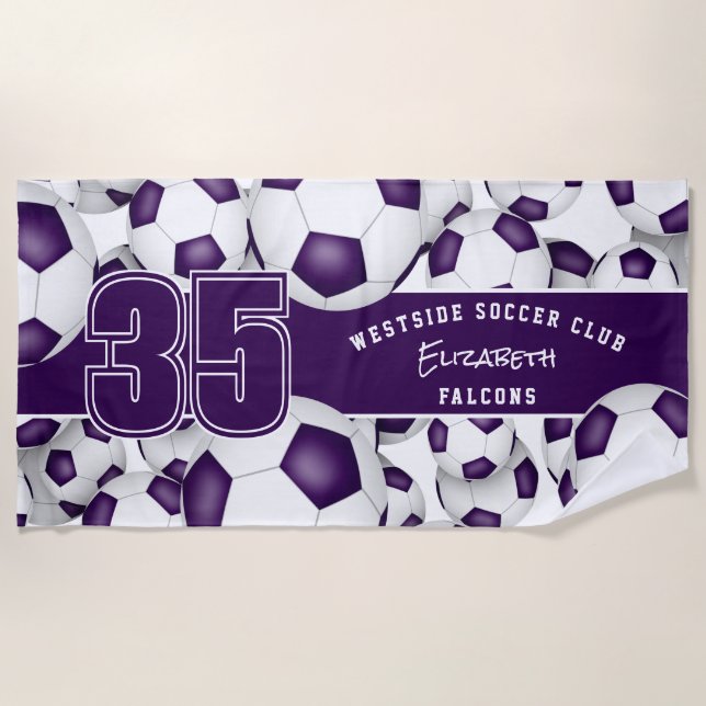 Lots of soccer balls custom team name purple beach towel (Front)
