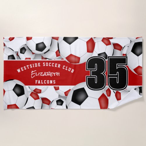 Lots of soccer balls custom team name red black beach towel