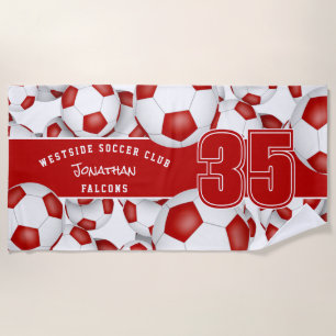 Lots of soccer balls custom team name red white beach towel