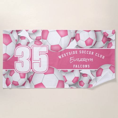 Lots of soccer balls girls pink custom player name beach towel