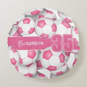 Lots of soccer balls girls pink sports room decor  round pillow