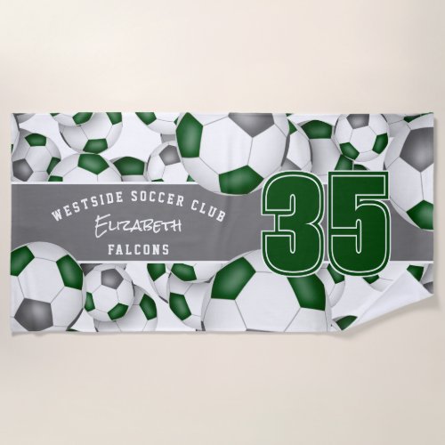 Lots of soccer balls green gray with jersey number beach towel