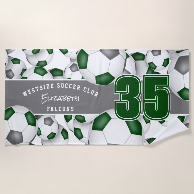 Lots of soccer balls green gray with jersey number beach towel (Front)