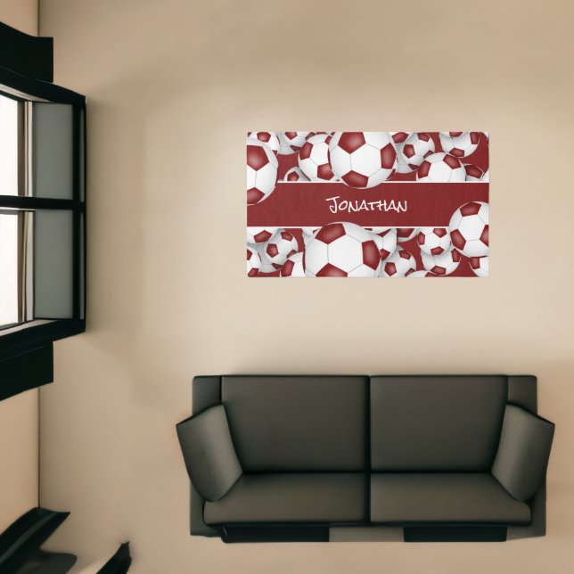 Lots of soccer balls kids teens sports maroon rug (Insitu (Indoor 1))