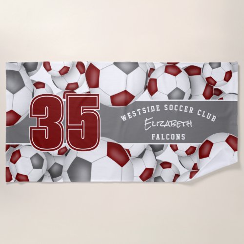 maroon gray soccer balls pattern beach towel