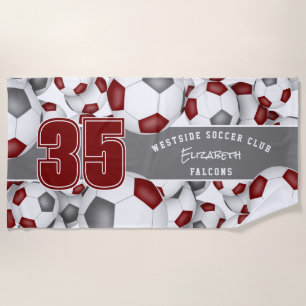 Lots of soccer balls maroon gray sports team name beach towel