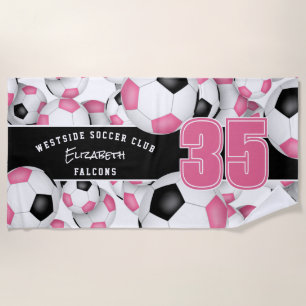 Lots of soccer balls pink black girls team name beach towel