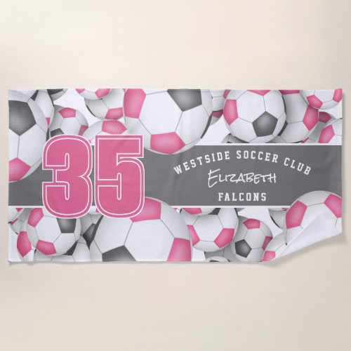 Lots of soccer balls pink gray team athlete name beach towel