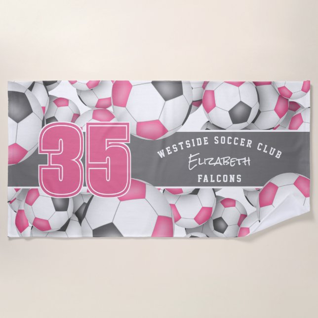 Lots of soccer balls pink gray team athlete name beach towel (Front)