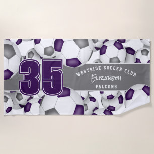 Lots of soccer balls purple gray custom team gifts beach towel